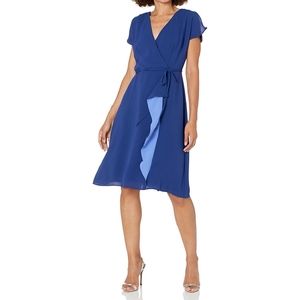 NWT Adrianna Papell gauzy crepe draped aline dress blue indigo ruffle flutter 10